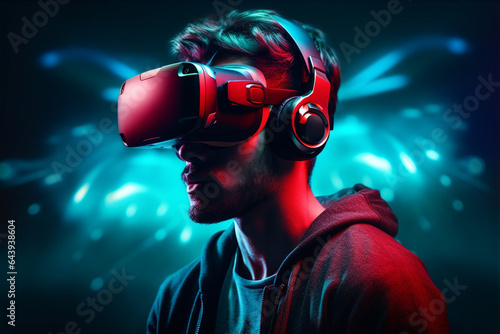 Man in VR glasses in futuristic universe on background