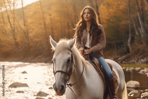 Beautiful woman on horseback near river in mountains