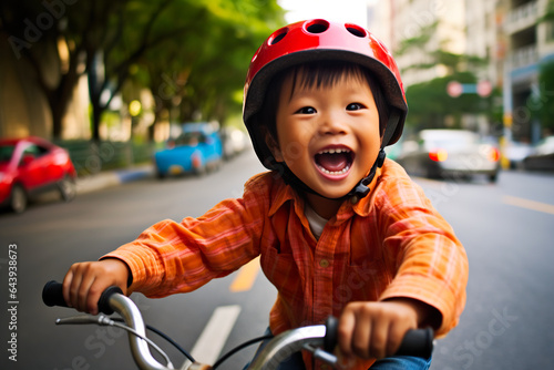 Happy asian boy in helmet riding bicycle on the road in the city