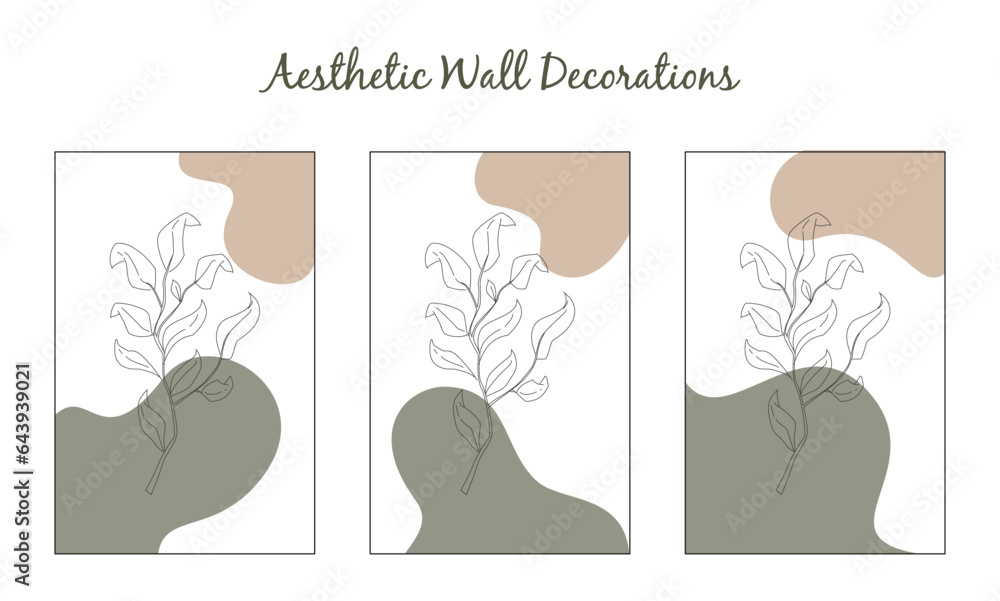 leaf wall art. Hand drawn boho poster collection. leaf hand drawn background. Modern aesthetic illustrations. aesthetic wall decoration. 