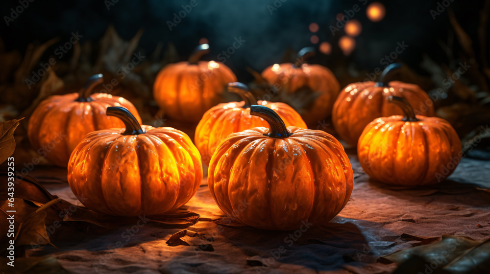 Dramatic Halloween orange pumpkins with candlelight await evening visitors. Mystical backdrop for Halloween. AI generated Dramatic Halloween orange pumpkins with candlelight await evening visitors. Mystical backdrop for Halloween. AI generated