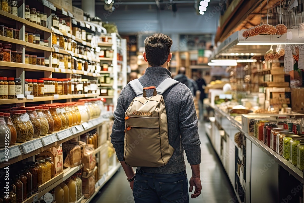 A young man with a backpack in a supermarket. He chooses his own food to buy. Back view.