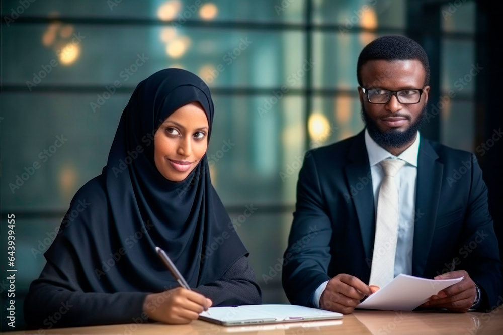 muslim businesswoman with co-worker in an office
