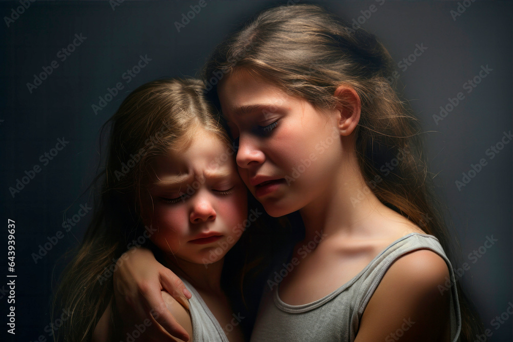 sad kids, the oldest kid comfort her sibling. sad kids, the oldest kid comfort her sibling.