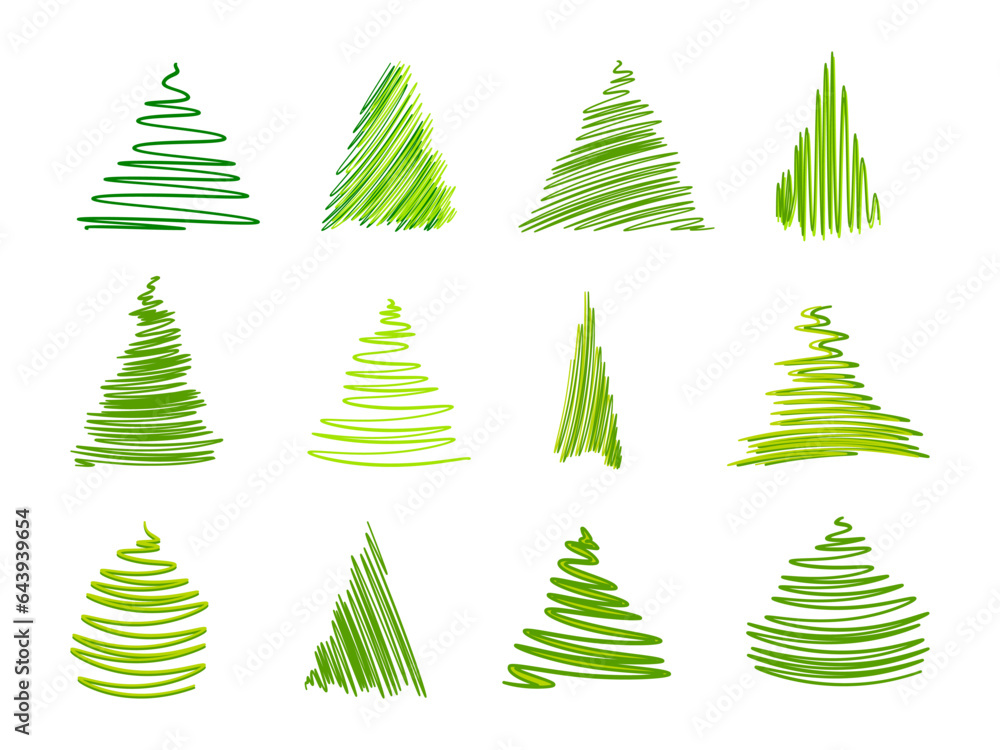 Obraz premium Scribble Christmas tree set. Doodle Christmas trees group. Hand drawn pine trees collection. Holiday decoration element. Xmas fir symbols. Ornaments isolated on white background. Vector illustration. 