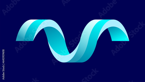 Blue helix isolated on dark background. Decoration design element. Beautiful blue ribbon. Spiral logo symbol. 3D looking helix icon with lights and shadows. Celebration ornament. Vector illustration. 