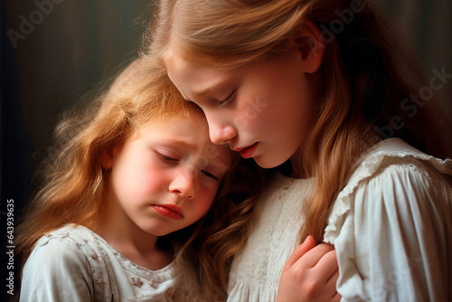 sad kids, the oldest kid comfort her sibling.