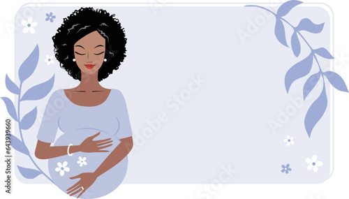 Pretty young dark skin pregnant woman with a blue empty floral background for custom text