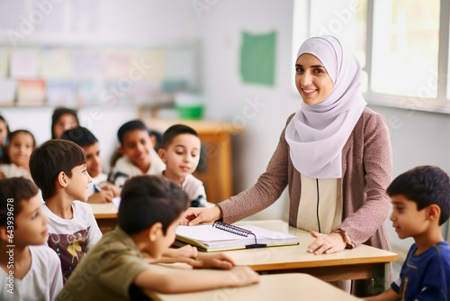 muslim female teacher in front of her class © the_lightwriter