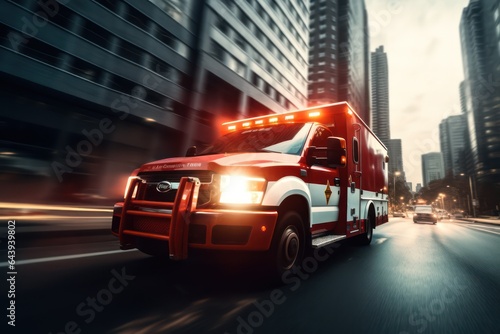 911. Emergency ambulance car moving fast on night american city downtown district with motion blur