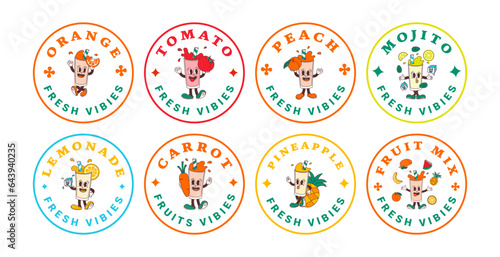 Set of stickers characters of fruit drink from orange, lime, lemonade, mint, tomato, peach, carrot, pineapple, mojito. Isolated vector labels of mascots in groovy comic style on transparent background