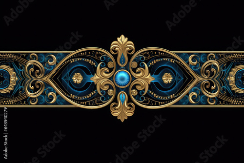 A blue and gold background with a border with gold and turquoise beads, Generative AI © shahiddzn