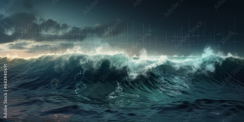 Stock Market Graph Superimposed on an Ocean with Crushing Waves, Evoking the Stormy Nature of the Stock Exchange. Reflecting Black Friday, Gains, and Losses in the Face of Market Volatility
