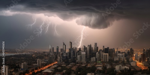 Massive Thunderstorm Brewing Over a City Skyline. Towering Thunderclouds, Vivid Lightning Strikes, and Torrential Rain Clash with the Urban Landscape, 