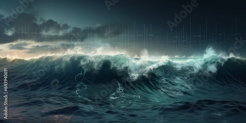 Stock Market Graph Superimposed on an Ocean with Crushing Waves  Evoking the Stormy Nature of the Stock Exchange. Reflecting Black Friday  Gains  and Losses in the Face of Market Volatility