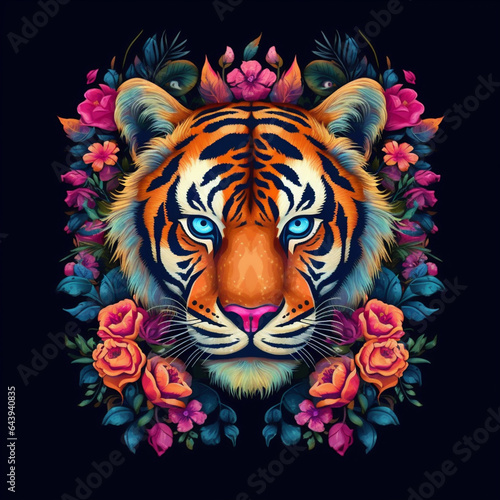 Ai generative image of tiger surrounded by flowers around the head.