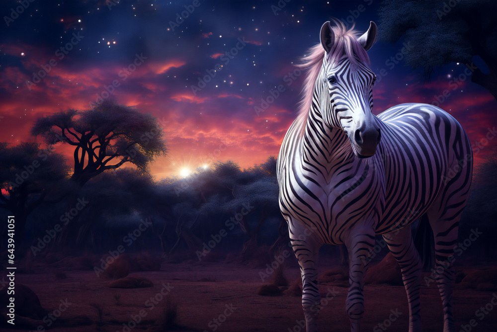 Fototapeta premium Zebra on Purple-Lavender Night: A Stunning Visual Featuring a Zebra in an Unreal, Purple-Lavender Night Setting with Room for Copy Space. Conceptual Art for Themes Like Nature, Beauty, and Surreal 
