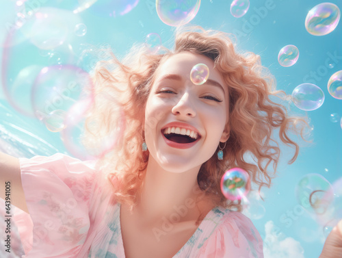 Woman enjoying being surrounded by bubbles, blue background, fun and cute, summer feeling © piknine