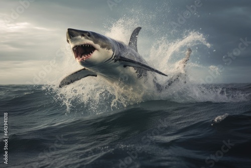 great white shark leaping high during a full breach