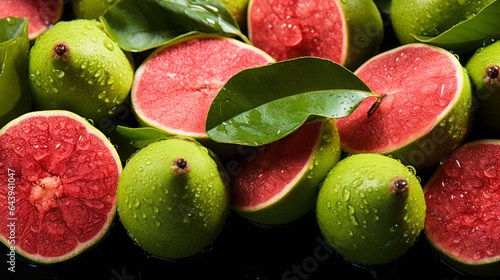 Fototapeta Naklejka Na Ścianę i Meble -  pile of fresh Guava fruits texture with water spots, shot from a top view, healty food and active lifestyle background wallpaper concept