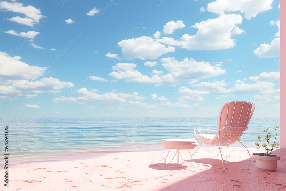 Tranquil fantasy scene at the seaside, pastel colors, pink interior and setting
