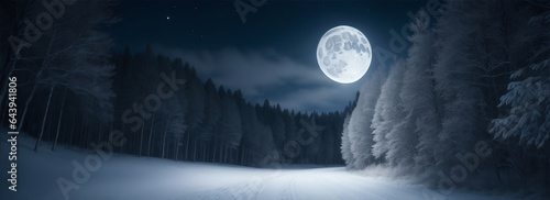 Winter forest road at night with moonlight from Generative AI © sevenSkies