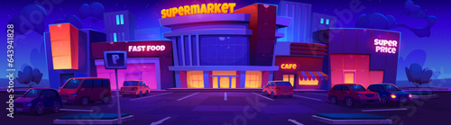 Night supermarket parking exterior with neon signage vector. Car traffic in evening near shop on street. City shopping mall with outdoor vehicle lot. Place for transport near store with cityscape view