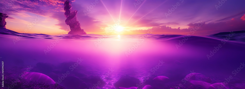 View from under the ocean with purple sunset rays from the sky from Generative AI