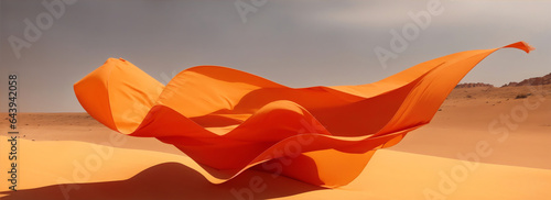 Orange fabric floating in the wind at desert background from Generative AI