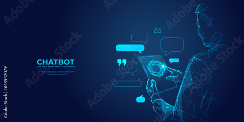Abstract digital businessman with tablet uses chatbot app. Concept of Artificial Intelligence and technology innovation in the modern business world. Futuristic low poly wireframe vector illustration