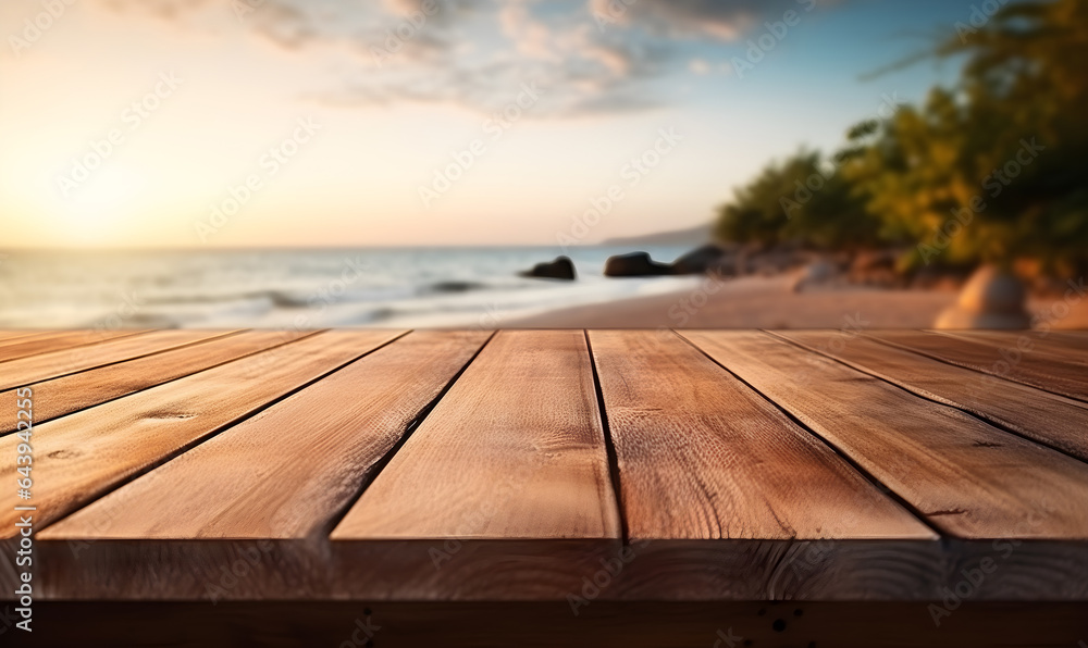 on the floor of a blank wooden table With a beautiful beach background, suitable for product or product display concepts. Space to add ideas, illustration, generative AI on the floor of a blank wooden table With a beautiful beach background, suitable for product or product display concepts. Space to add ideas, illustration, generative AI