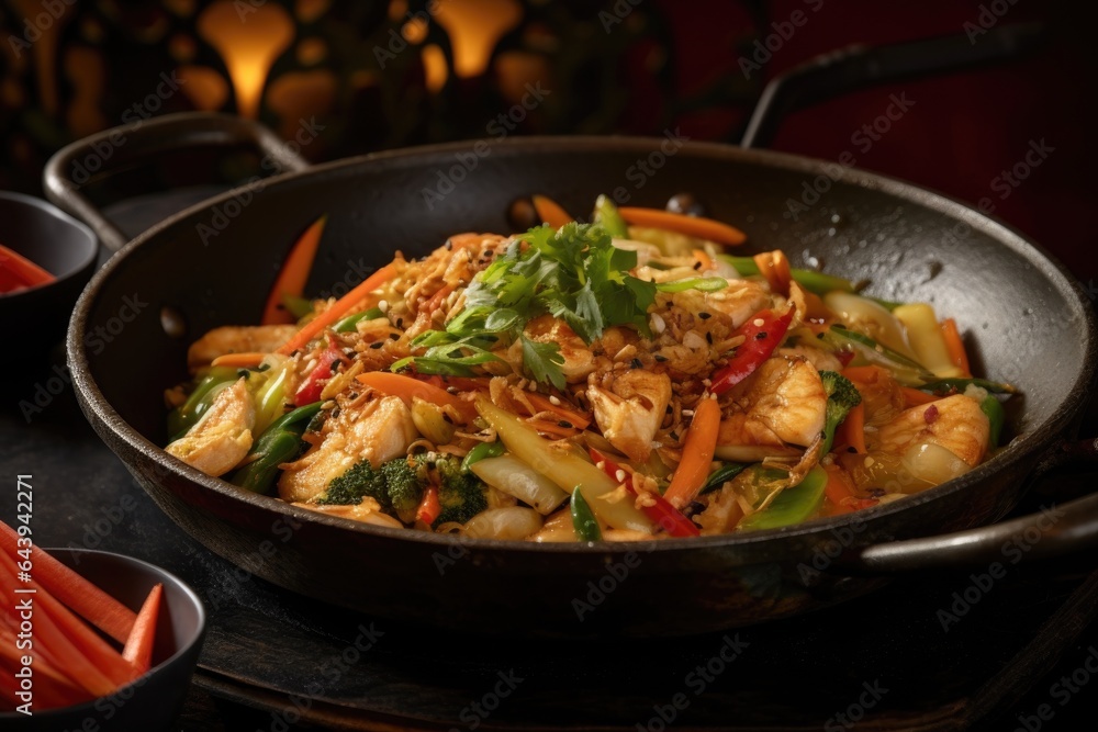 wok with a fusion of asian cuisines, showcasing variety