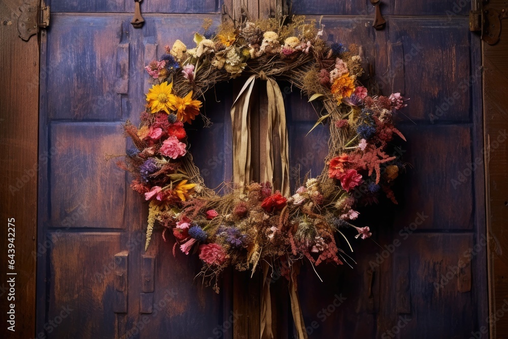 hanging dried floral wreath on a wooden door hanging dried floral wreath on a wooden door