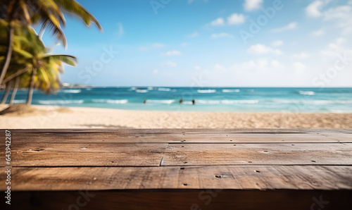 on the floor of a blank wooden table With a beautiful beach background, suitable for product or product display concepts. Space to add ideas, illustration, generative AI © A_visual