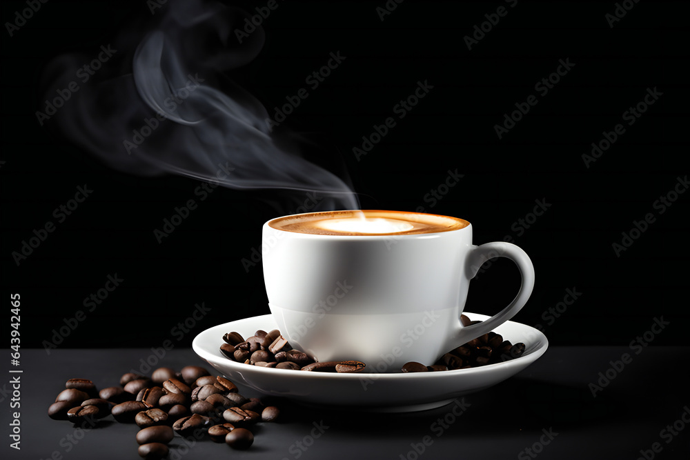 Obraz premium hot coffee with little smoke in white cup isolated on black background