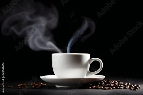 hot coffee with little smoke in white cup isolated on black background 