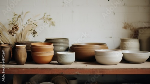 Generative AI  crafted pottery  still life of hand made pottery and ceramic bowls  hobby and leisure concept