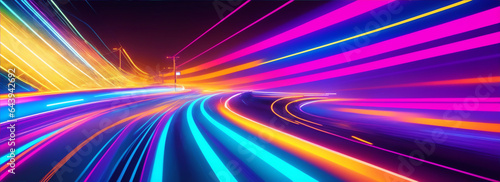Abstract illustration of highway speed motion with colorful neon lights from Generative AI