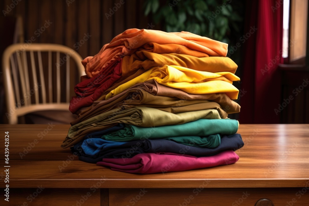 neatly folded colorful clothes on wooden table