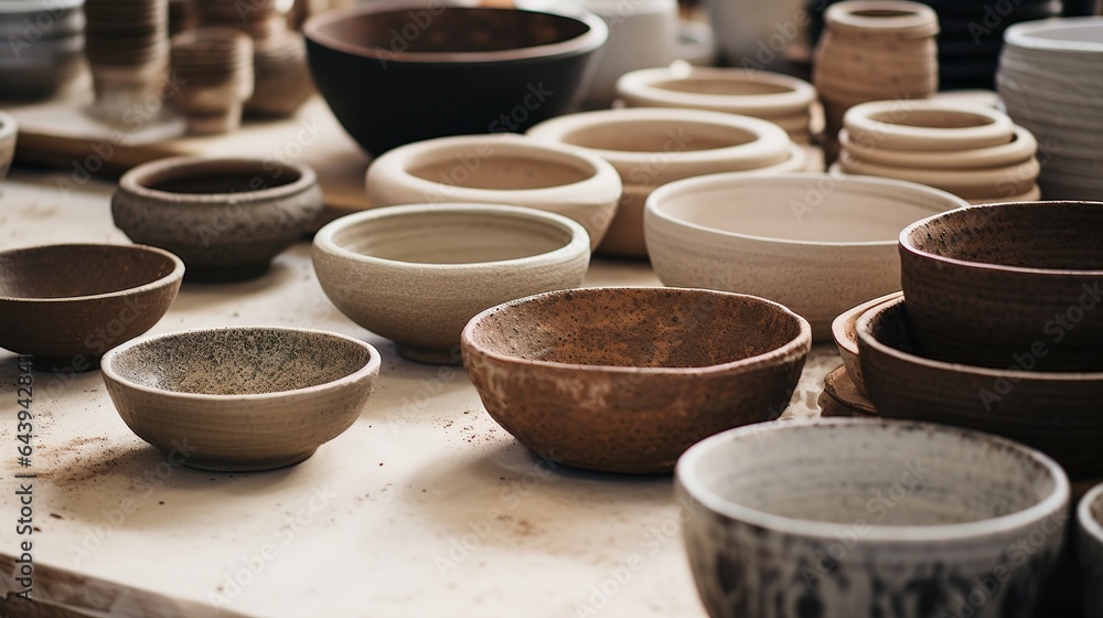 Generative AI, crafted pottery, still life of hand made pottery and ceramic bowls, hobby and leisure concept - obrazy, fototapety, plakaty 