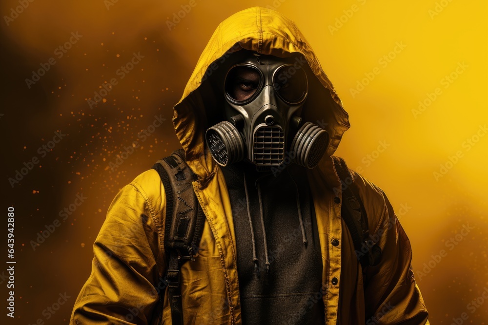 Person in gas mask with yellow hood background. Healthy industry and people lifestyle concept. Person in gas mask with yellow hood background. Healthy industry and people lifestyle concept.