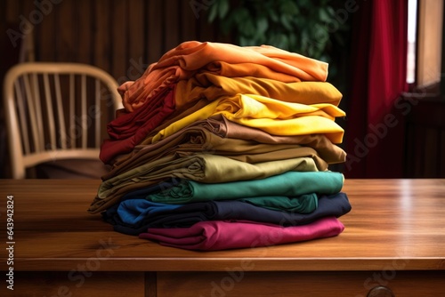 neatly folded colorful clothes on wooden table