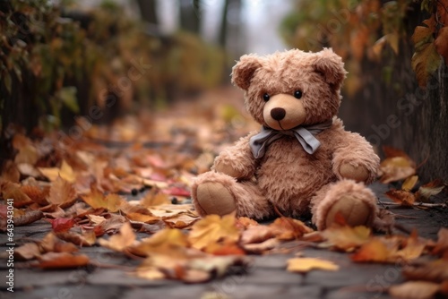 old teddy bear on a parks fallen autumn leaves