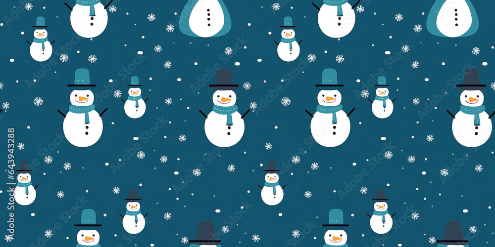 Minimalist snowmen seamless pattern with snowflakes. Repetitive mosaic of winter motifs.