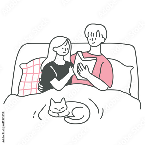 Couple reading book together illustration