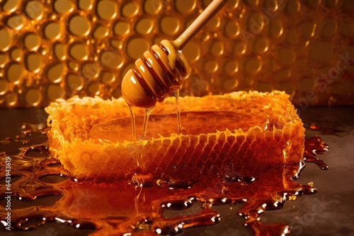 close-up of honey dripping from honeycomb frame