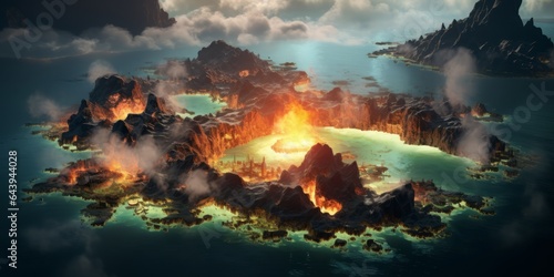 Volcano in the Ocean with a Small Island Atop, Depicted in Photorealistic Detail. This Bird's-Eye View Highlights the Explosive Wildlife and Geological Power Amidst Climate Warming Concerns © Ben
