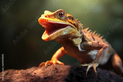 lizard with bug in mouth, against blurred background © altitudevisual