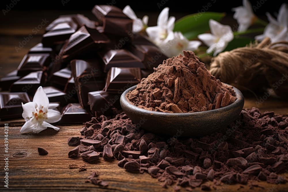 cocoa beans and chocolate shavings on wooden surface cocoa beans and chocolate shavings on wooden surface