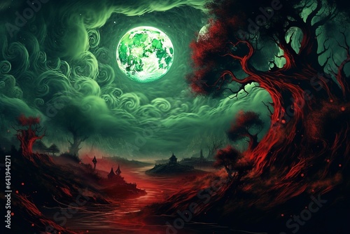 halloween background landscape with moon with red green hues and creepy trees